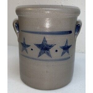 2000 Rowe Pottery Americana Stars & Stripes Salt Glaze Stoneware Crock